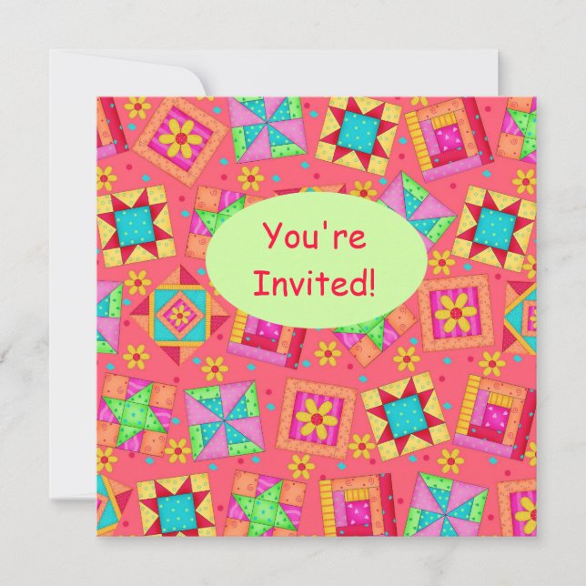 Red Coral Green Patchwork Quilt Block Art Invitation (Front)