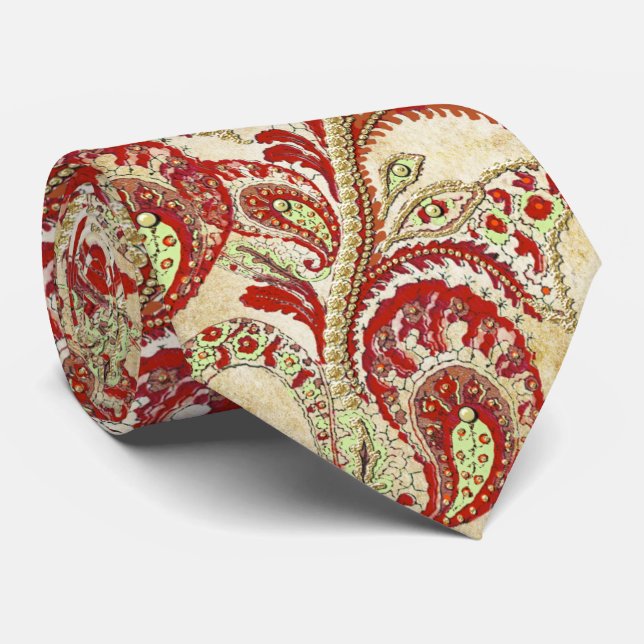 Red Coral Lime Paisley Wedding Tie (Rolled)