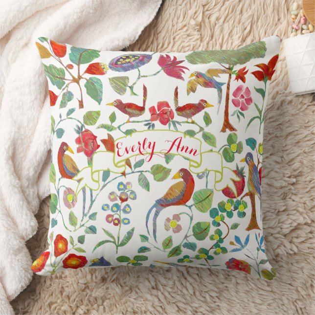 Red Coral Lime Pink Lilac Floral Bird Pattern Cushion (Blanket)