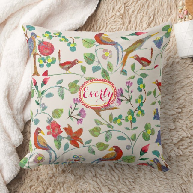 Red Coral Lime Pink Lilac Floral Bird Pattern Cushion (Blanket)