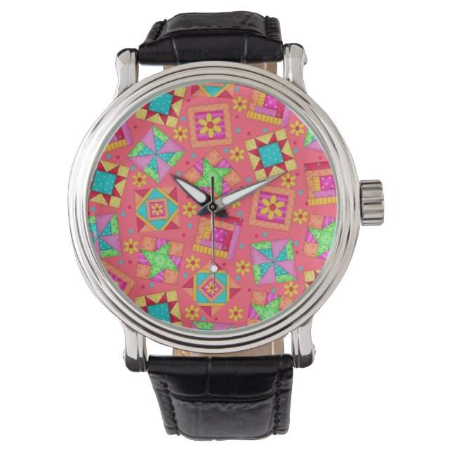 Red Coral Patchwork Quilt Art Blocks Watch (Front)