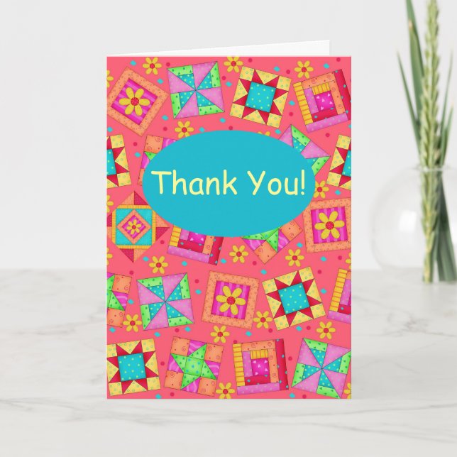 Red Coral Patchwork Quilt Block Art Thank You (Front)