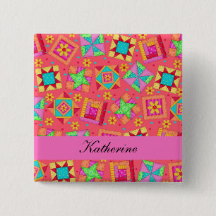 Red Coral Patchwork Quilt Blocks Name Badge