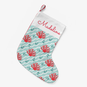 Red Coral Pattern   Add Your Name Small Christmas Stocking