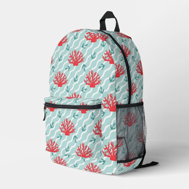 Red Coral Pattern Printed Backpack (Back Corner Right)