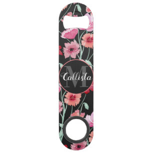 Red Coral Pink Black Watercolor Flowers Monogram