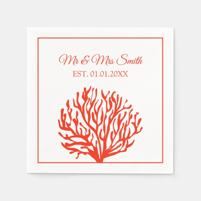 Red coral reef elegant beach wedding party napkin (Front)