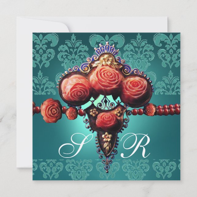 RED CORAL ROSES,AQUA BLUE BLACK DAMASK MONOGRAM INVITATION (Front)