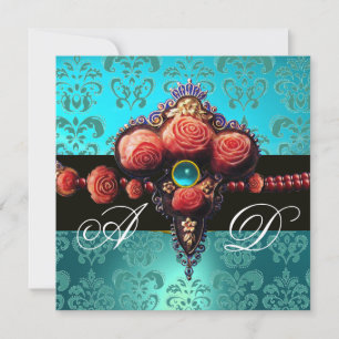 RED CORAL ROSES,AQUA BLUE BLACK DAMASK MONOGRAM INVITATION