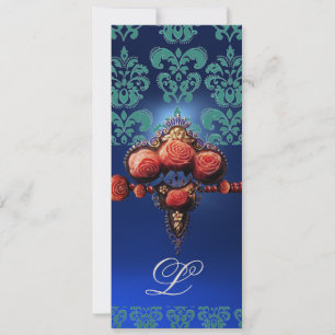 RED CORAL ROSES,AQUA BLUE BLACK DAMASK MONOGRAM INVITATION