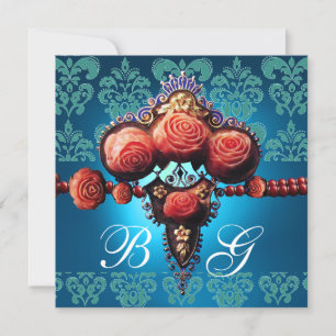 RED CORAL ROSES,AQUA BLUE BLACK DAMASK MONOGRAM INVITATION