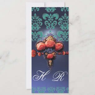 RED CORAL ROSES,AQUA BLUE BLACK DAMASK MONOGRAM INVITATION