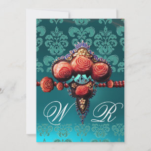 RED CORAL ROSES,AQUA BLUE BLACK DAMASK MONOGRAM INVITATION