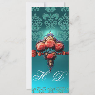 RED CORAL ROSES,AQUA BLUE BLACK DAMASK MONOGRAM INVITATION