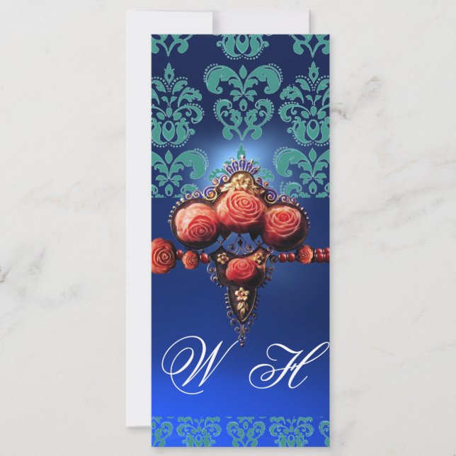 RED CORAL ROSES,AQUA BLUE BLACK DAMASK MONOGRAM INVITATION (Front)