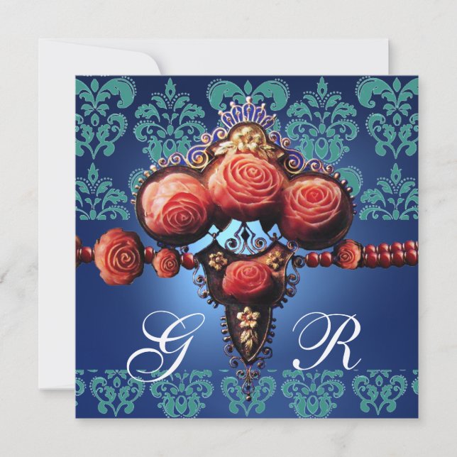 RED CORAL ROSES,AQUA BLUE BLACK DAMASK MONOGRAM INVITATION (Front)