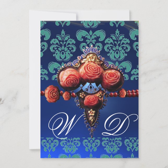 RED CORAL ROSES,AQUA BLUE BLACK DAMASK MONOGRAM INVITATION (Front)
