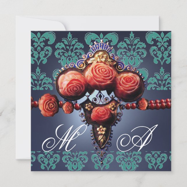RED CORAL ROSES,AQUA BLUE BLACK DAMASK MONOGRAM INVITATION (Front)