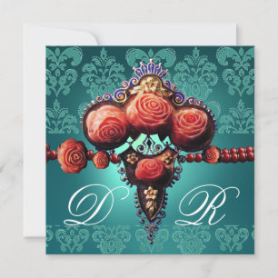 RED CORAL ROSES,AQUA BLUE BLACK DAMASK MONOGRAM INVITATION