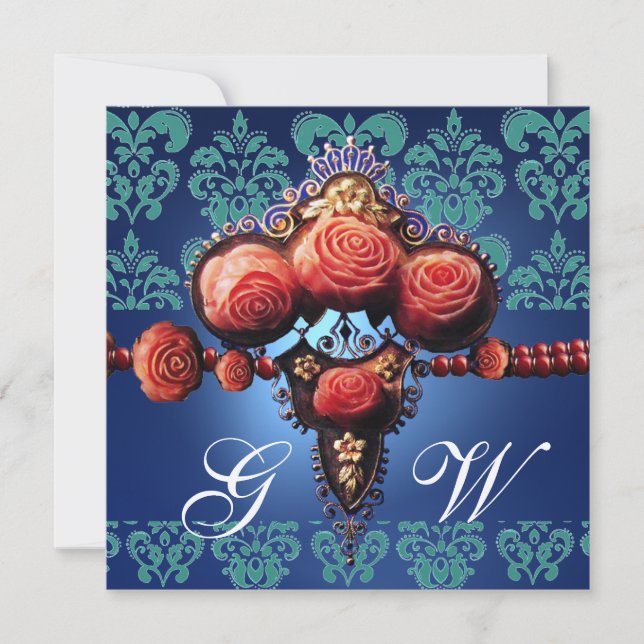 RED CORAL ROSES,AQUA BLUE BLACK DAMASK MONOGRAM INVITATION (Front)