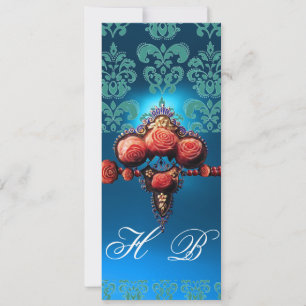 RED CORAL ROSES,AQUA BLUE BLACK DAMASK MONOGRAM INVITATION