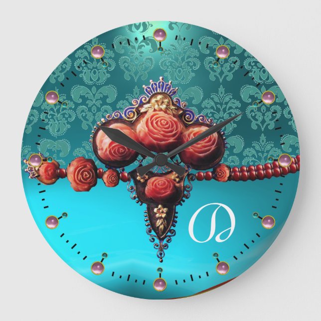 RED CORAL ROSES, AQUA BLUE DAMASK MONOGRAM LARGE CLOCK (Front)