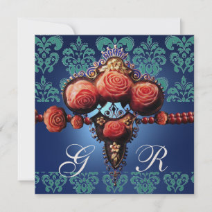 RED CORAL ROSES,AQUA BLUE GOLD DAMASK MONOGRAM INVITATION