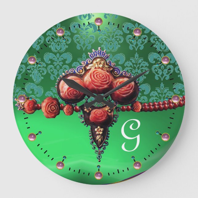 RED CORAL ROSES, AQUA BLUE GREEN DAMASK MONOGRAM LARGE CLOCK (Front)