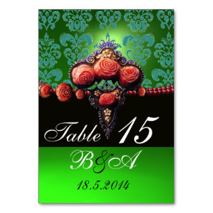 RED CORAL ROSES,BLACK BLUE GREEN DAMASK MONOGRAM TABLE NUMBER