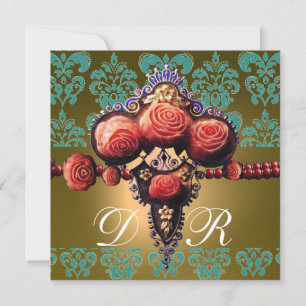 RED CORAL ROSES,BLACK GREEN YELLOW DAMASK MONOGRAM INVITATION