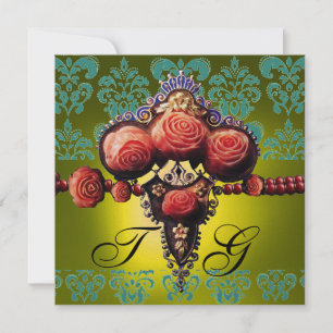 RED CORAL ROSES,BLACK GREEN YELLOW DAMASK MONOGRAM INVITATION