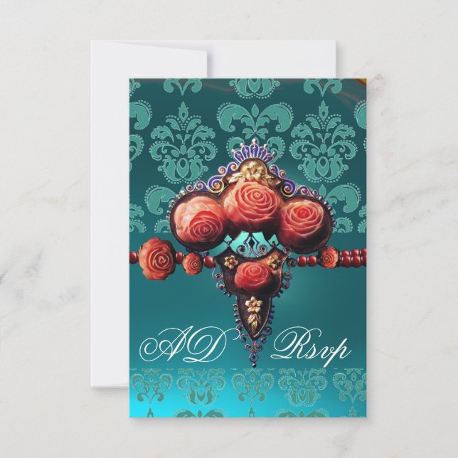 RED CORAL ROSES,BLUE BLACK DAMASK MONOGRAM RSVP (Front)