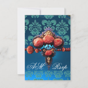 RED CORAL ROSES,BLUE BLACK DAMASK MONOGRAM RSVP CARD