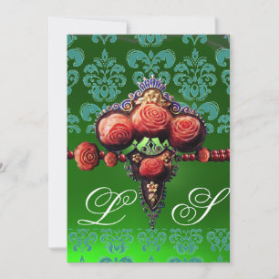 RED CORAL ROSES, BLUE BLACK GREEN DAMASK MONOGRAM INVITATION