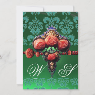 RED CORAL ROSES, BLUE BLACK GREEN DAMASK MONOGRAM INVITATION