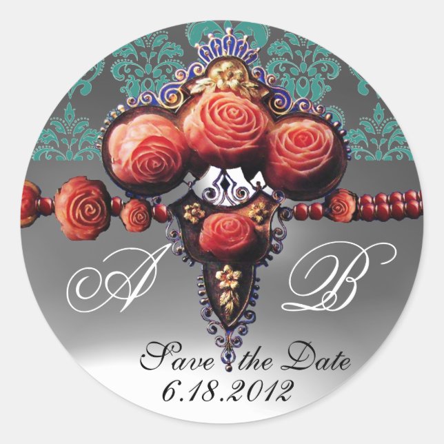 RED CORAL ROSES, BLUE BLACK WHITE DAMASK MONOGRAM CLASSIC ROUND STICKER (Front)