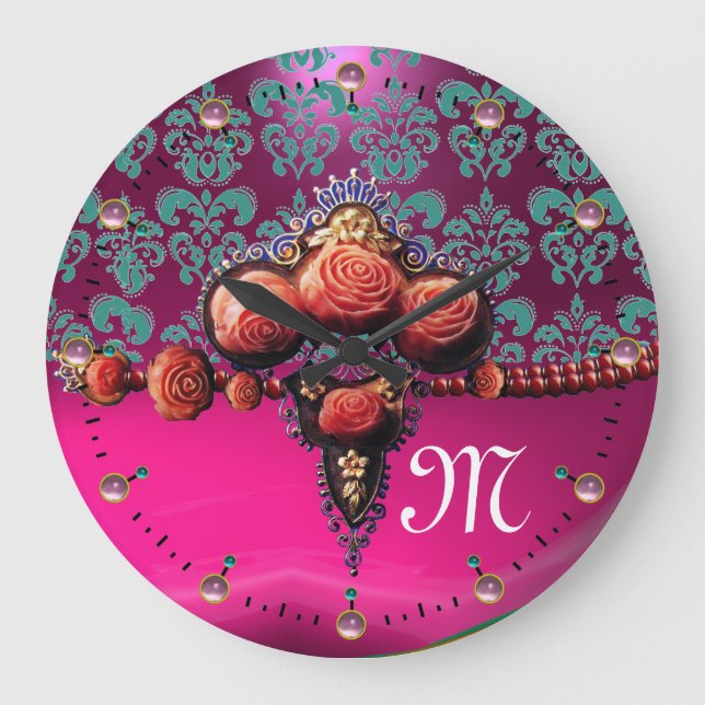 RED CORAL ROSES, BLUE PINK FUCHSIA DAMASK MONOGRAM LARGE CLOCK (Front)
