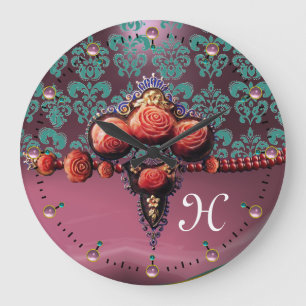 RED CORAL ROSES, BLUE PURPLE PINK DAMASK MONOGRAM LARGE CLOCK