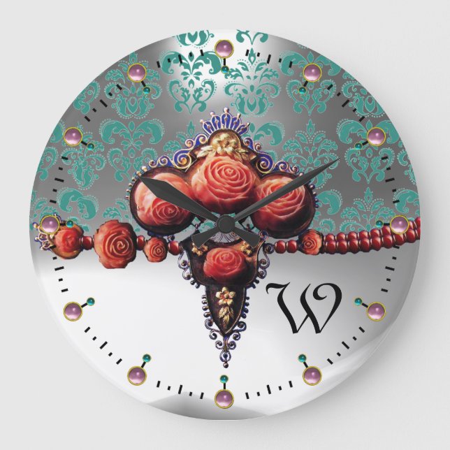 RED CORAL ROSES,BLUE WHITE DAMASK MONOGRAM LARGE CLOCK (Front)