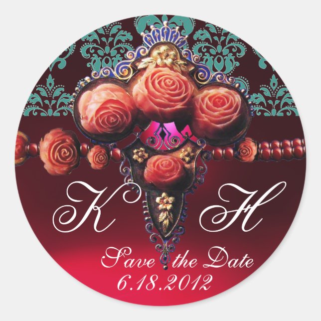 RED CORAL ROSES,BURGUNDY RUBY DAMASK MONOGRAM CLASSIC ROUND STICKER (Front)
