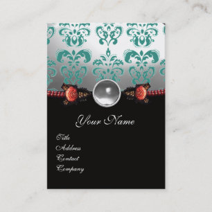 RED CORAL ROSES,GREEN BLACK WHITE DAMASK MONOGRAM BUSINESS CARD