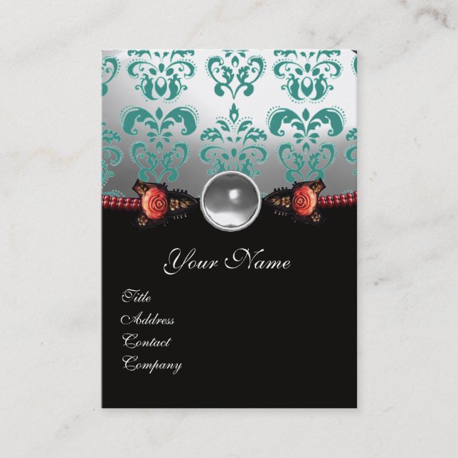 RED CORAL ROSES,GREEN BLACK WHITE DAMASK MONOGRAM BUSINESS CARD (Front)
