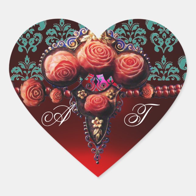 RED CORAL ROSES, RUBY DAMASK HEART MONOGRAM STICKER (Front)