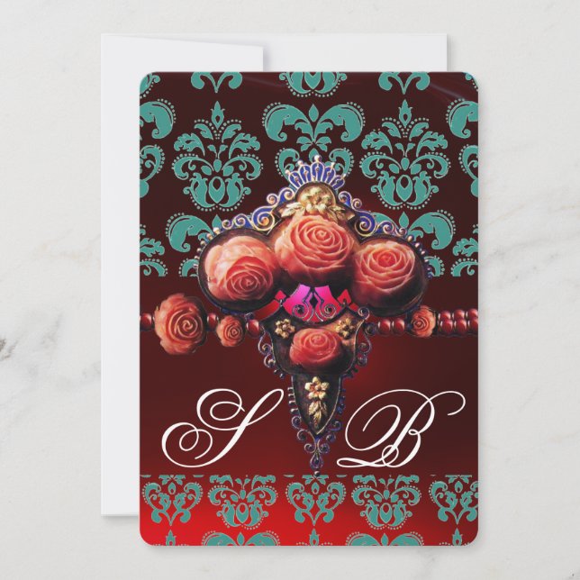 RED CORAL ROSES, TEAL BLUE BLACK DAMASK MONOGRAM INVITATION (Front)