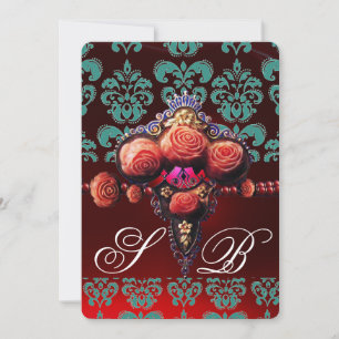 RED CORAL ROSES, TEAL BLUE BLACK DAMASK MONOGRAM INVITATION