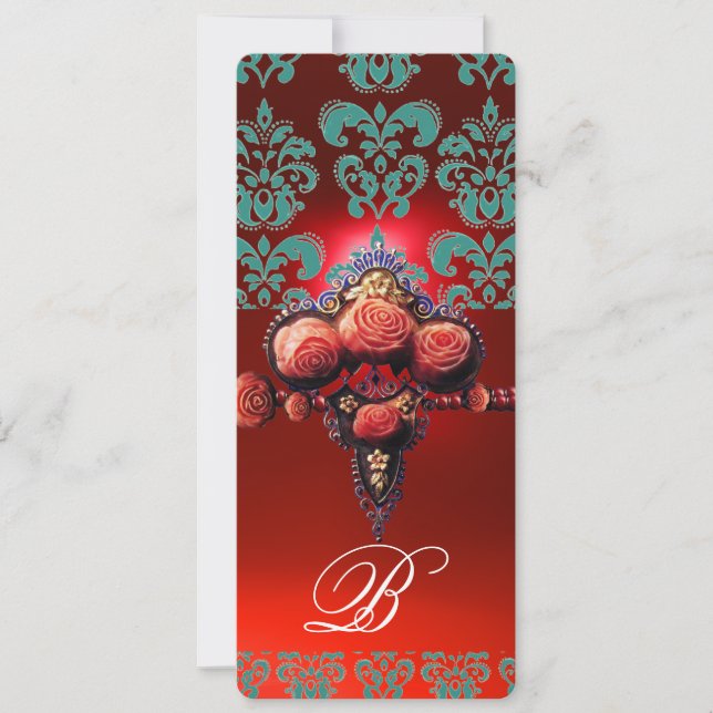 RED CORAL ROSES, TEAL BLUE BLACK DAMASK MONOGRAM INVITATION (Front)