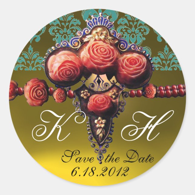 RED CORAL ROSES,YELLOW TOPAZ DAMASK MONOGRAM CLASSIC ROUND STICKER (Front)