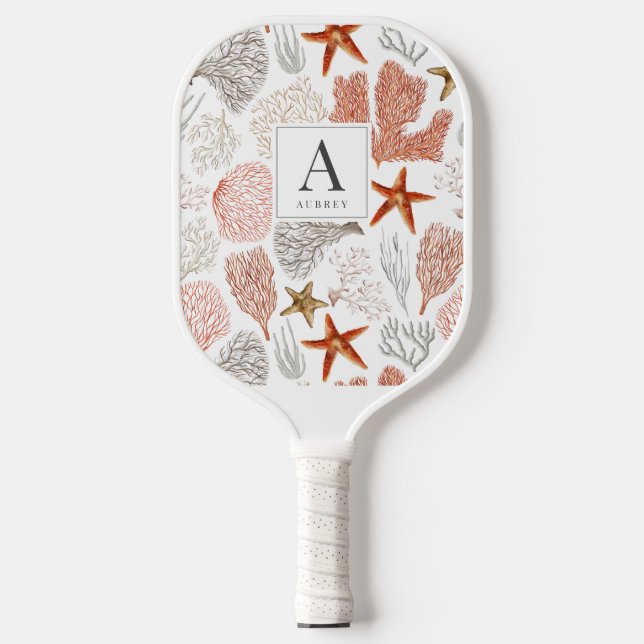 Red Coral & Starfish Pattern White Pickleball Paddle (Front)