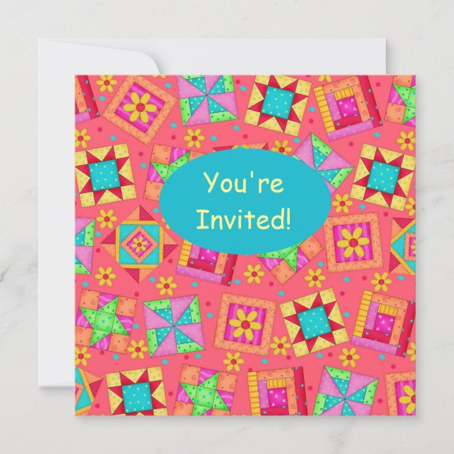 Red Coral Turquoise Patchwork Quilt Block Art Invitation (Front)