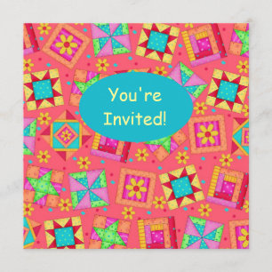 Red Coral Turquoise Patchwork Quilt Block Art Invitation